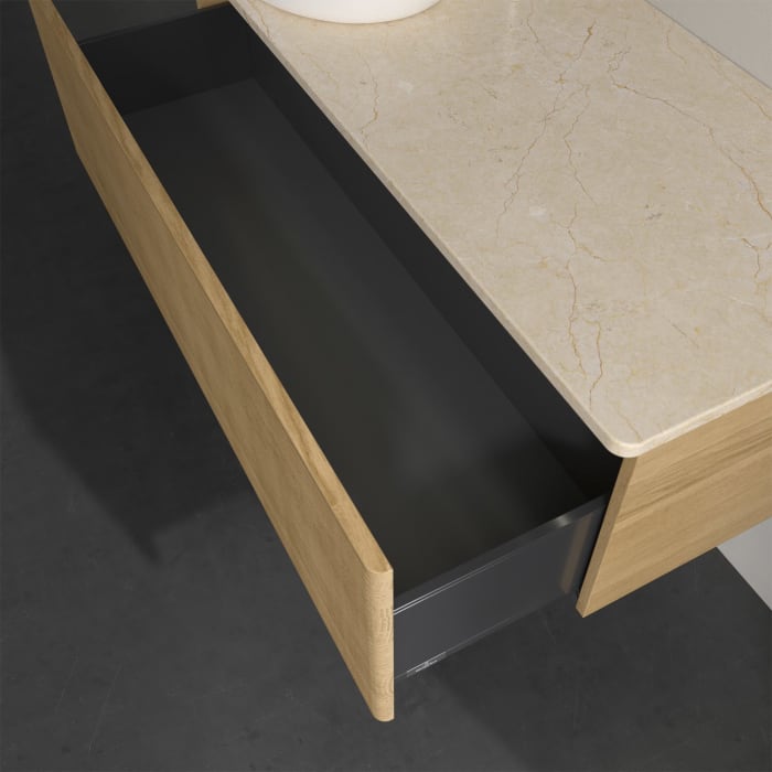 Villeroy & Boch Antao Waschbeckenunterschrank, 120 x 36 cm, 1 Auszug mit LED-Licht, Front mit Struktur, mit Hahnloch, für Waschtisch links