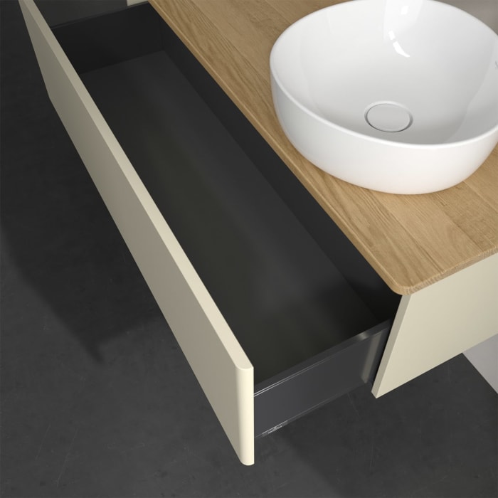 Villeroy & Boch Antao Waschbeckenunterschrank, 120 x 36 cm, 1 Auszug mit LED-Licht, Front ohne Struktur, mit Hahnloch, für Waschtisch rechts