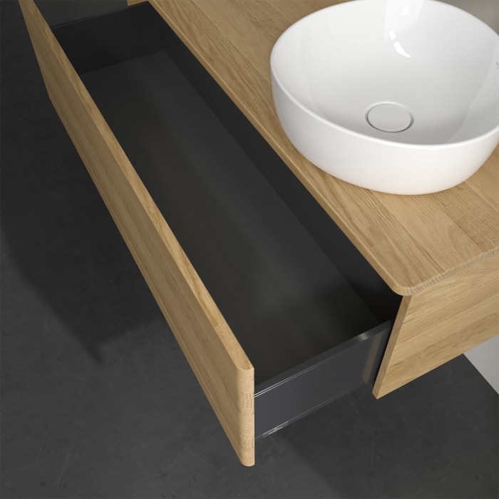 Villeroy & Boch Antao Waschbeckenunterschrank, 120 x 36 cm, 1 Auszug mit LED-Licht, Front ohne Struktur, mit Hahnloch, für Waschtisch rechts