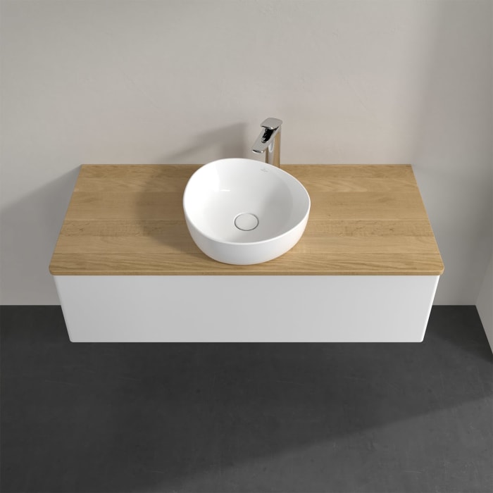 Villeroy & Boch Antao Waschbeckenunterschrank, 120 x 36 cm, 1 Auszug mit LED-Licht, Front ohne Struktur, mit Hahnloch, für Waschtisch mittig