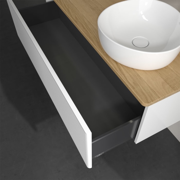 Villeroy & Boch Antao Waschbeckenunterschrank, 120 x 36 cm, 1 Auszug mit LED-Licht, Front mit Struktur, mit Hahnloch, für Waschtisch rechts