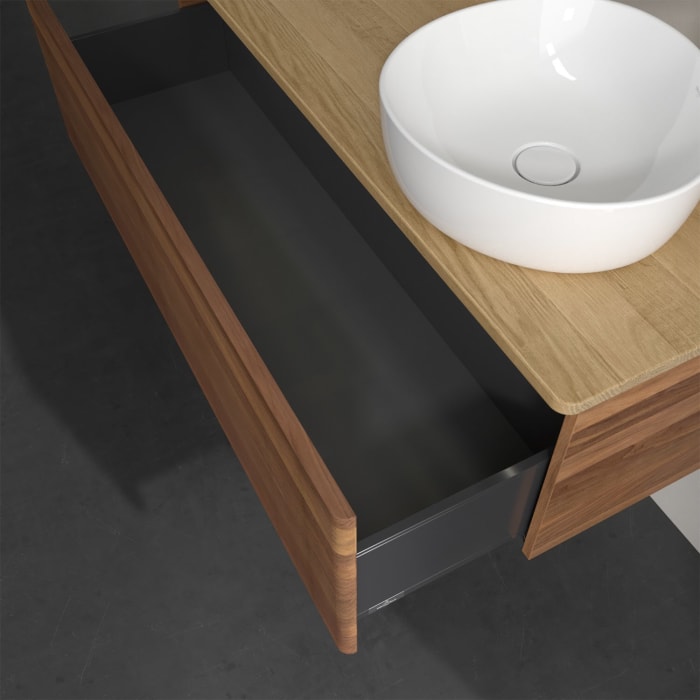 Villeroy & Boch Antao Waschbeckenunterschrank, 120 x 36 cm, 1 Auszug mit LED-Licht, Front mit Struktur, mit Hahnloch, für Waschtisch rechts