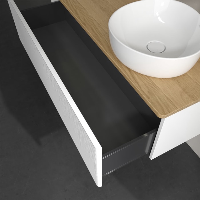 Villeroy & Boch Antao Waschbeckenunterschrank, 120 x 36 cm, 1 Auszug mit LED-Licht, Front mit Struktur, mit Hahnloch, für Waschtisch rechts