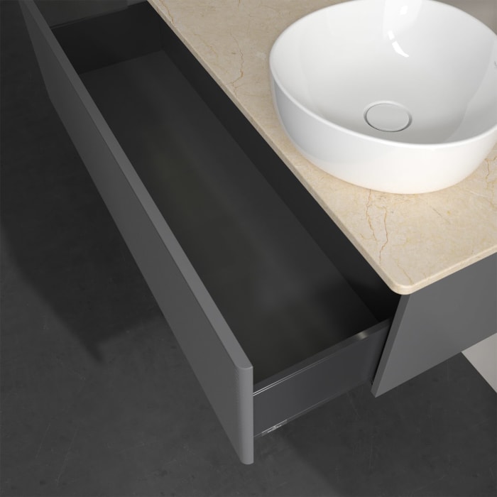 Villeroy & Boch Antao Waschbeckenunterschrank, 120 x 36 cm, 1 Auszug mit LED-Licht, Front mit Struktur, mit Hahnloch, für Waschtisch rechts