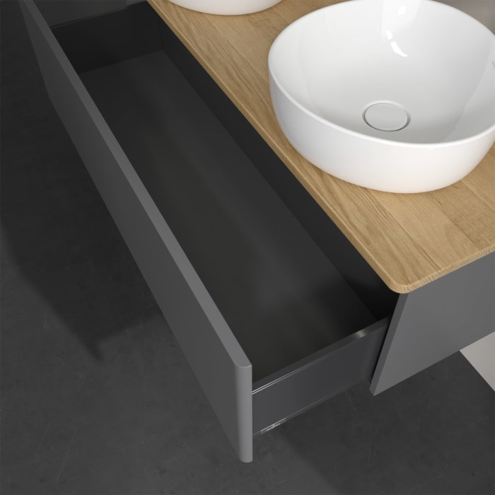 Villeroy & Boch Antao Waschbeckenunterschrank, 120 x 36 cm, 1 Auszug mit LED-Licht, Front ohne Struktur, mit Hahnloch, für Waschtisch links und rechts