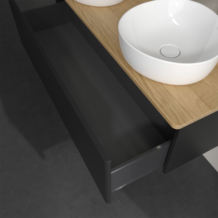 Villeroy & Boch Antao Waschbeckenunterschrank, 120 x 36 cm, 1 Auszug mit LED-Licht, Front ohne Struktur, mit Hahnloch, für Waschtisch links und rechts