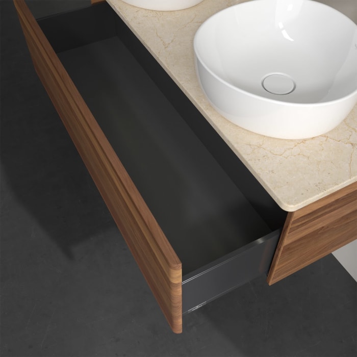 Villeroy & Boch Antao Waschbeckenunterschrank, 120 x 36 cm, 1 Auszug mit LED-Licht, Front ohne Struktur, mit Hahnloch, für Waschtisch links und rechts