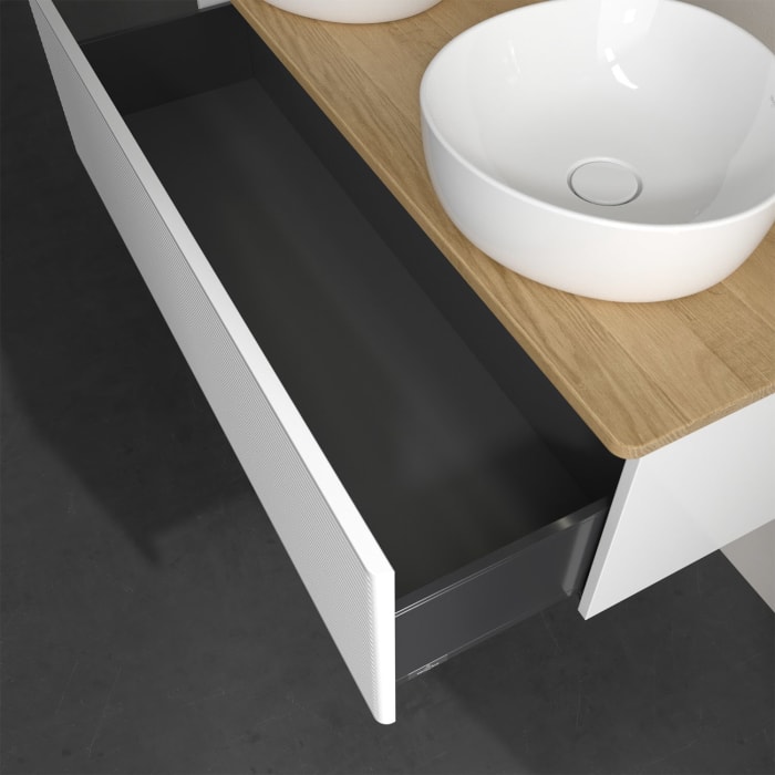 Villeroy & Boch Antao Waschbeckenunterschrank, 120 x 36 cm, 1 Auszug mit LED-Licht, Front mit Struktur, ohne Hahnloch, für Waschtisch links und rechts