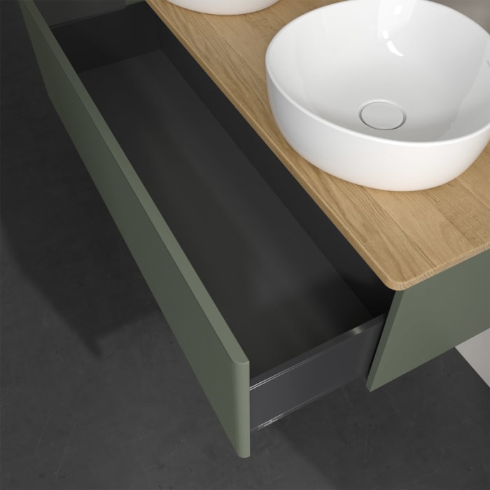 Villeroy & Boch Antao Waschbeckenunterschrank, 120 x 36 cm, 1 Auszug mit LED-Licht, Front mit Struktur, mit Hahnloch, für Waschtisch links und rechts