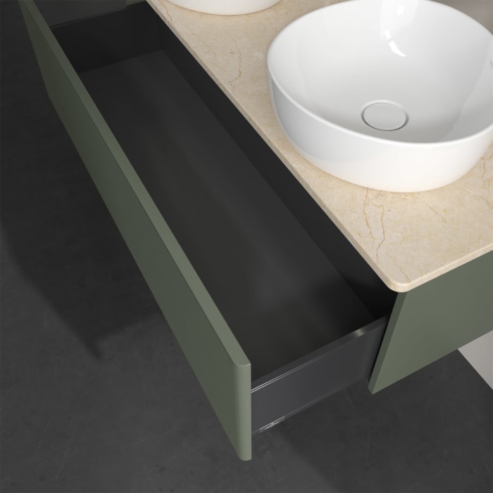 Villeroy & Boch Antao Waschbeckenunterschrank, 120 x 36 cm, 1 Auszug mit LED-Licht, Front mit Struktur, mit Hahnloch, für Waschtisch links und rechts