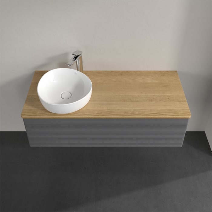 Villeroy & Boch Antao Waschbeckenunterschrank, 120 x 36 cm, 1 Auszug mit LED-Licht, Front mit Struktur, mit Hahnloch, für Waschtisch links