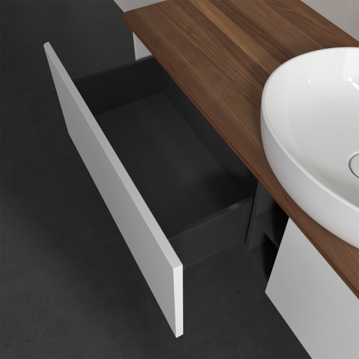 Villeroy & Boch Antao Waschbeckenunterschrank, 160 x 36 cm, 2 Auszüge mit LED-Licht, Front ohne Struktur, ohne Hahnloch, für Waschtisch mittig