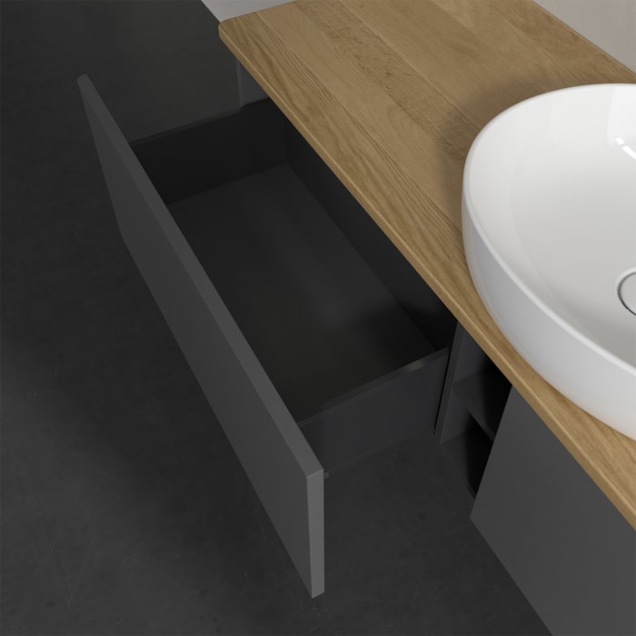 Villeroy & Boch Antao Waschbeckenunterschrank, 160 x 36 cm, 2 Auszüge mit LED-Licht, Front ohne Struktur, mit Hahnloch, für Waschtisch mittig