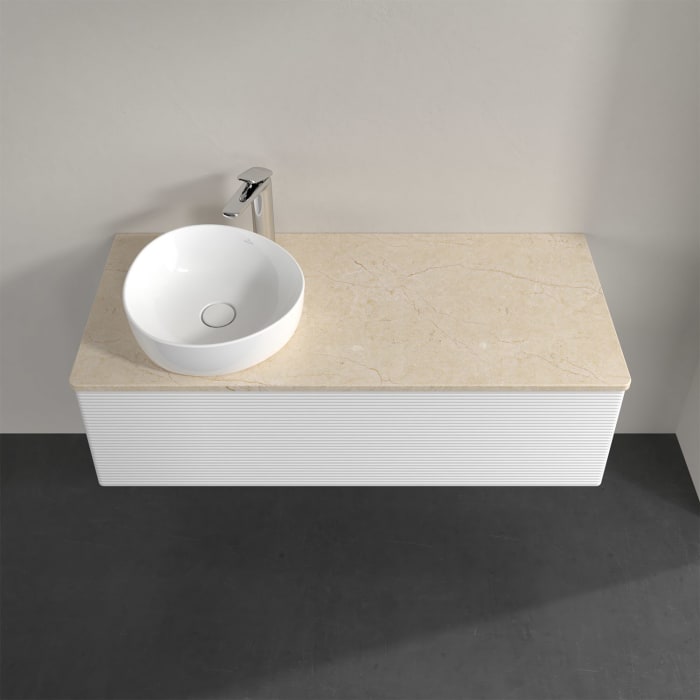 Villeroy & Boch Antao Waschbeckenunterschrank, 120 x 36 cm, 1 Auszug mit LED-Licht, Front mit Struktur, mit Hahnloch, für Waschtisch links