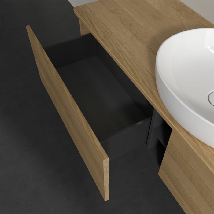 Villeroy & Boch Antao Waschbeckenunterschrank, 160 x 36 cm, 2 Auszüge mit LED-Licht, Front ohne Struktur, mit Hahnloch, für Waschtisch mittig