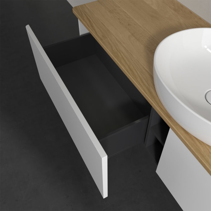 Villeroy & Boch Antao Waschbeckenunterschrank, 160 x 36 cm, 2 Auszüge mit LED-Licht, Front ohne Struktur, mit Hahnloch, für Waschtisch mittig