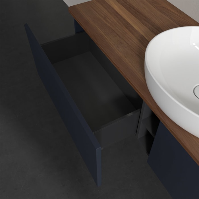 Villeroy & Boch Antao Waschbeckenunterschrank, 160 x 36 cm, 2 Auszüge mit LED-Licht, Front ohne Struktur, mit Hahnloch, für Waschtisch mittig