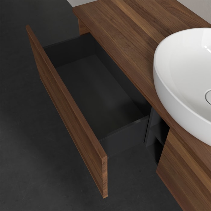 Villeroy & Boch Antao Waschbeckenunterschrank, 160 x 36 cm, 2 Auszüge mit LED-Licht, Front ohne Struktur, mit Hahnloch, für Waschtisch mittig