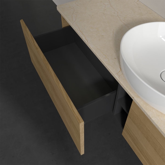 Villeroy & Boch Antao Waschbeckenunterschrank, 160 x 36 cm, 2 Auszüge mit LED-Licht, Front ohne Struktur, mit Hahnloch, für Waschtisch mittig