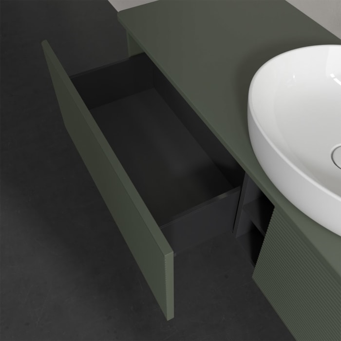 Villeroy & Boch Antao Waschbeckenunterschrank, 160 x 36 cm, 2 Auszüge mit LED-Licht, Front mit Struktur, ohne Hahnloch, für Waschtisch mittig