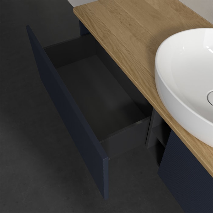 Villeroy & Boch Antao Waschbeckenunterschrank, 160 x 36 cm, 2 Auszüge mit LED-Licht, Front mit Struktur, ohne Hahnloch, für Waschtisch mittig