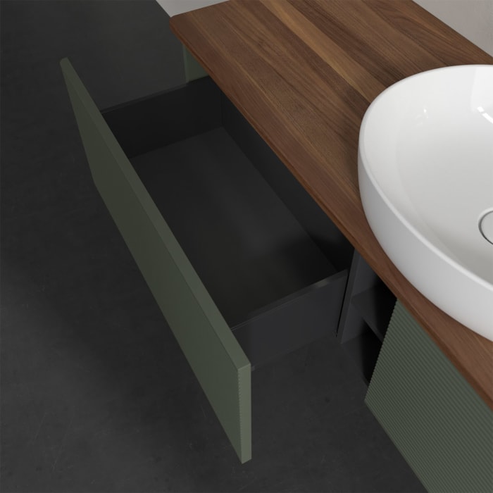 Villeroy & Boch Antao Waschbeckenunterschrank, 160 x 36 cm, 2 Auszüge mit LED-Licht, Front mit Struktur, ohne Hahnloch, für Waschtisch mittig