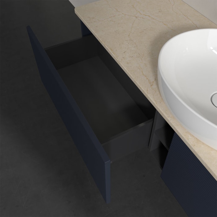 Villeroy & Boch Antao Waschbeckenunterschrank, 160 x 36 cm, 2 Auszüge mit LED-Licht, Front mit Struktur, ohne Hahnloch, für Waschtisch mittig