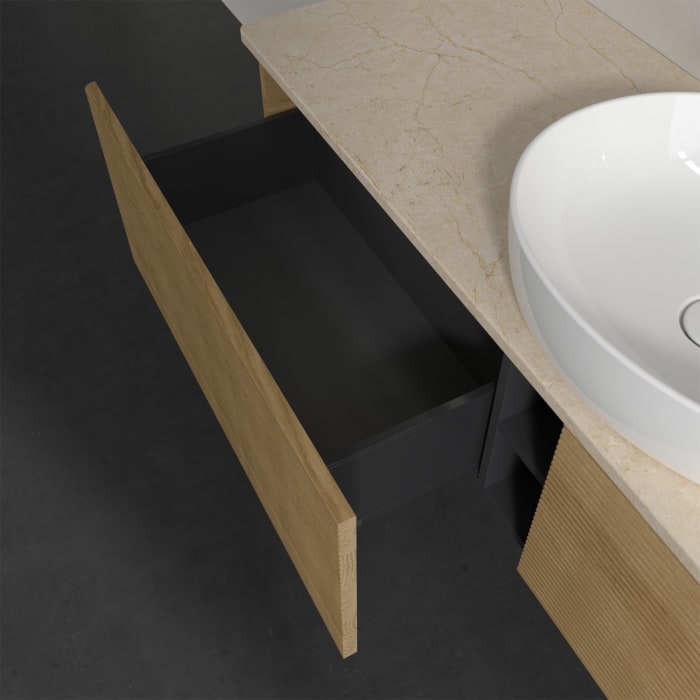 Villeroy & Boch Antao Waschbeckenunterschrank, 160 x 36 cm, 2 Auszüge mit LED-Licht, Front mit Struktur, ohne Hahnloch, für Waschtisch mittig