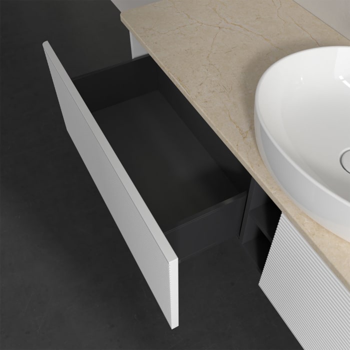 Villeroy & Boch Antao Waschbeckenunterschrank, 160 x 36 cm, 2 Auszüge mit LED-Licht, Front mit Struktur, ohne Hahnloch, für Waschtisch mittig