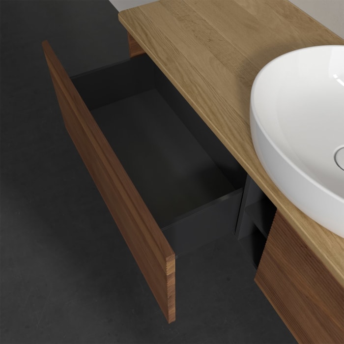 Villeroy & Boch Antao Waschbeckenunterschrank, 160 x 36 cm, 2 Auszüge mit LED-Licht, Front mit Struktur, mit Hahnloch, für Waschtisch mittig