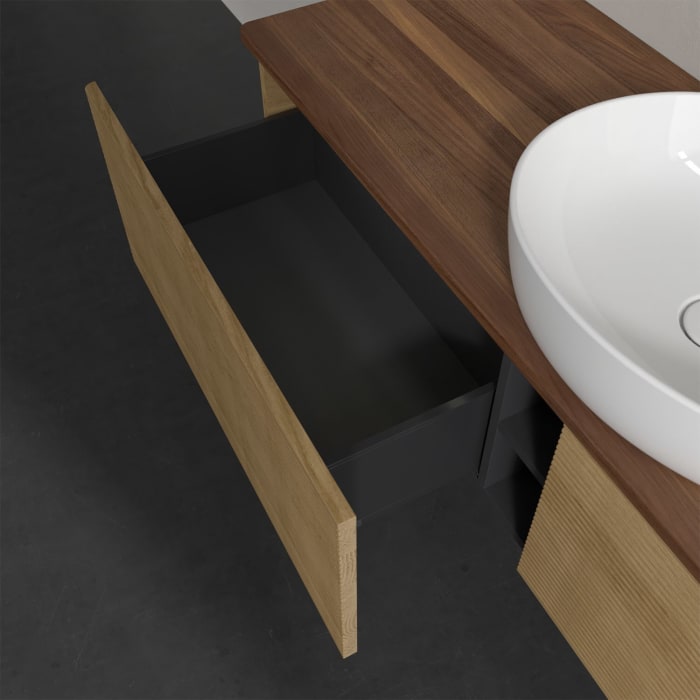 Villeroy & Boch Antao Waschbeckenunterschrank, 160 x 36 cm, 2 Auszüge mit LED-Licht, Front mit Struktur, mit Hahnloch, für Waschtisch mittig