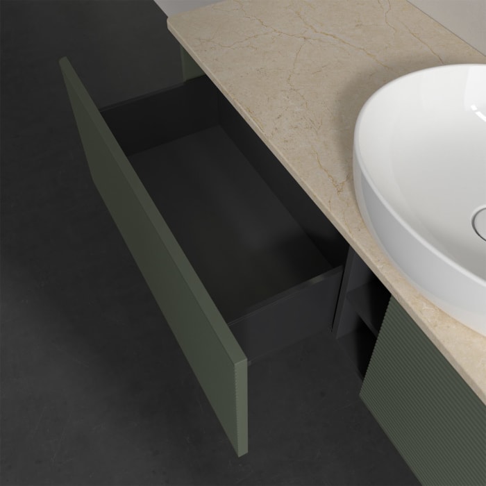 Villeroy & Boch Antao Waschbeckenunterschrank, 160 x 36 cm, 2 Auszüge mit LED-Licht, Front mit Struktur, mit Hahnloch, für Waschtisch mittig