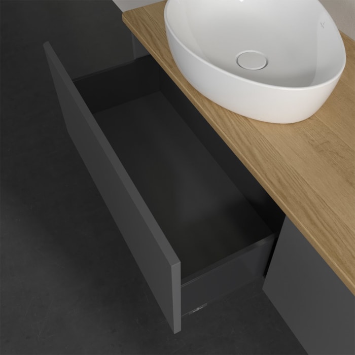 Villeroy & Boch Antao Waschbeckenunterschrank, 160 x 36 cm, 2 Auszüge mit LED-Licht, Front ohne Struktur, ohne Hahnloch, für Waschtisch links