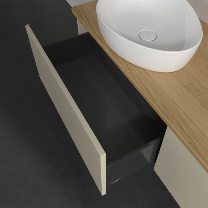 Villeroy & Boch Antao Waschbeckenunterschrank, 160 x 36 cm, 2 Auszüge mit LED-Licht, Front ohne Struktur, ohne Hahnloch, für Waschtisch links