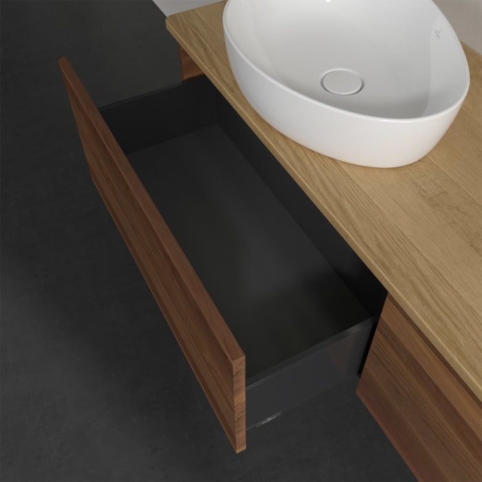 Villeroy & Boch Antao Waschbeckenunterschrank, 160 x 36 cm, 2 Auszüge mit LED-Licht, Front ohne Struktur, ohne Hahnloch, für Waschtisch links