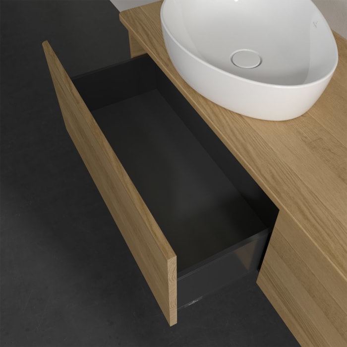 Villeroy & Boch Antao Waschbeckenunterschrank, 160 x 36 cm, 2 Auszüge mit LED-Licht, Front ohne Struktur, ohne Hahnloch, für Waschtisch links