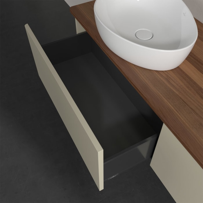 Villeroy & Boch Antao Waschbeckenunterschrank, 160 x 36 cm, 2 Auszüge mit LED-Licht, Front ohne Struktur, ohne Hahnloch, für Waschtisch links