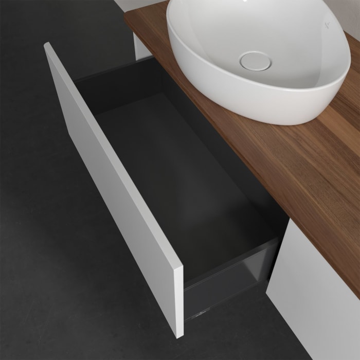 Villeroy & Boch Antao Waschbeckenunterschrank, 160 x 36 cm, 2 Auszüge mit LED-Licht, Front ohne Struktur, ohne Hahnloch, für Waschtisch links