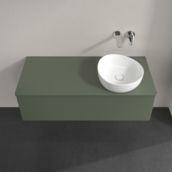 Villeroy & Boch Antao Waschbeckenunterschrank, 120 x 36 cm, 1 Auszug mit LED-Licht, Front mit Struktur, mit Hahnloch, für Waschtisch rechts