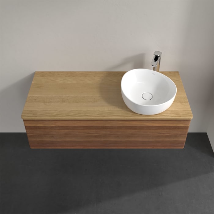 Villeroy & Boch Antao Waschbeckenunterschrank, 120 x 36 cm, 1 Auszug mit LED-Licht, Front mit Struktur, mit Hahnloch, für Waschtisch rechts