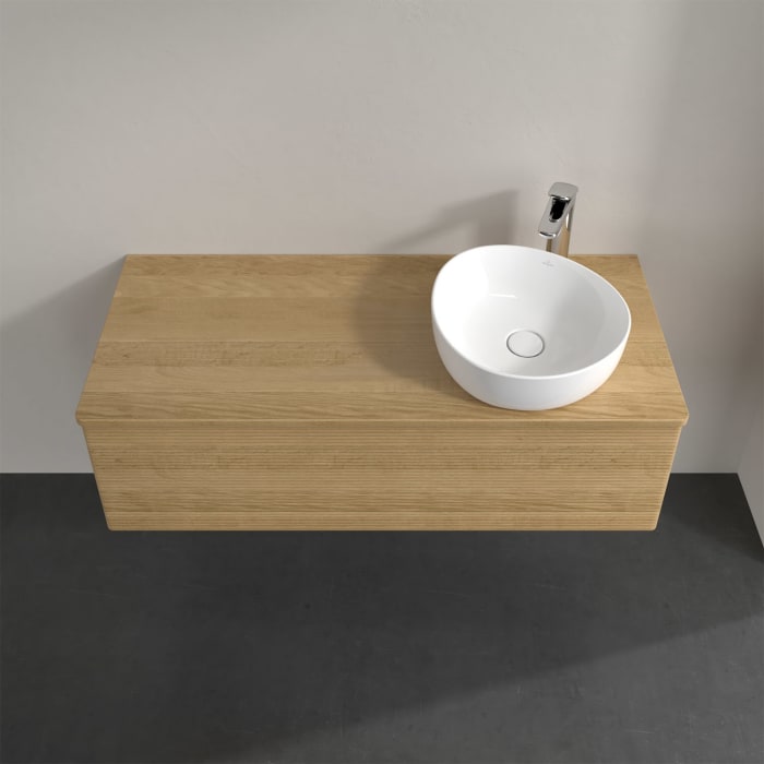 Villeroy & Boch Antao Waschbeckenunterschrank, 120 x 36 cm, 1 Auszug mit LED-Licht, Front mit Struktur, mit Hahnloch, für Waschtisch rechts