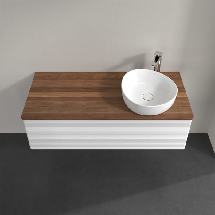 Villeroy & Boch Antao Waschbeckenunterschrank, 120 x 36 cm, 1 Auszug mit LED-Licht, Front mit Struktur, mit Hahnloch, für Waschtisch rechts