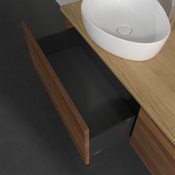 Villeroy & Boch Antao Waschbeckenunterschrank, 160 x 36 cm, 2 Auszüge mit LED-Licht, Front ohne Struktur, mit Hahnloch, für Waschtisch links