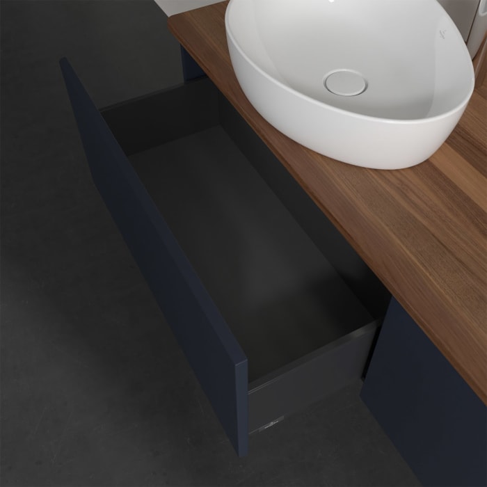 Villeroy & Boch Antao Waschbeckenunterschrank, 160 x 36 cm, 2 Auszüge mit LED-Licht, Front ohne Struktur, mit Hahnloch, für Waschtisch links