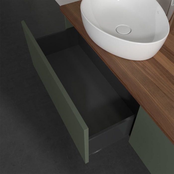 Villeroy & Boch Antao Waschbeckenunterschrank, 160 x 36 cm, 2 Auszüge mit LED-Licht, Front ohne Struktur, mit Hahnloch, für Waschtisch links