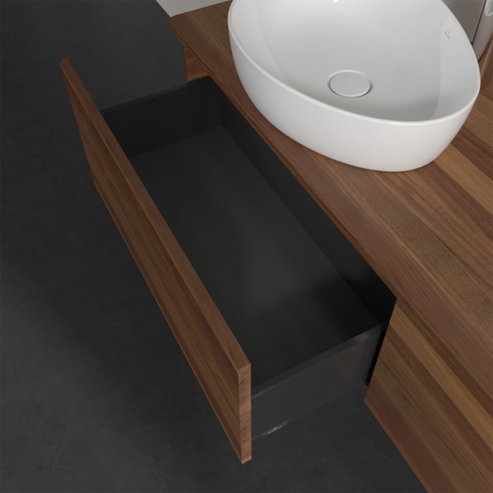 Villeroy & Boch Antao Waschbeckenunterschrank, 160 x 36 cm, 2 Auszüge mit LED-Licht, Front ohne Struktur, mit Hahnloch, für Waschtisch links