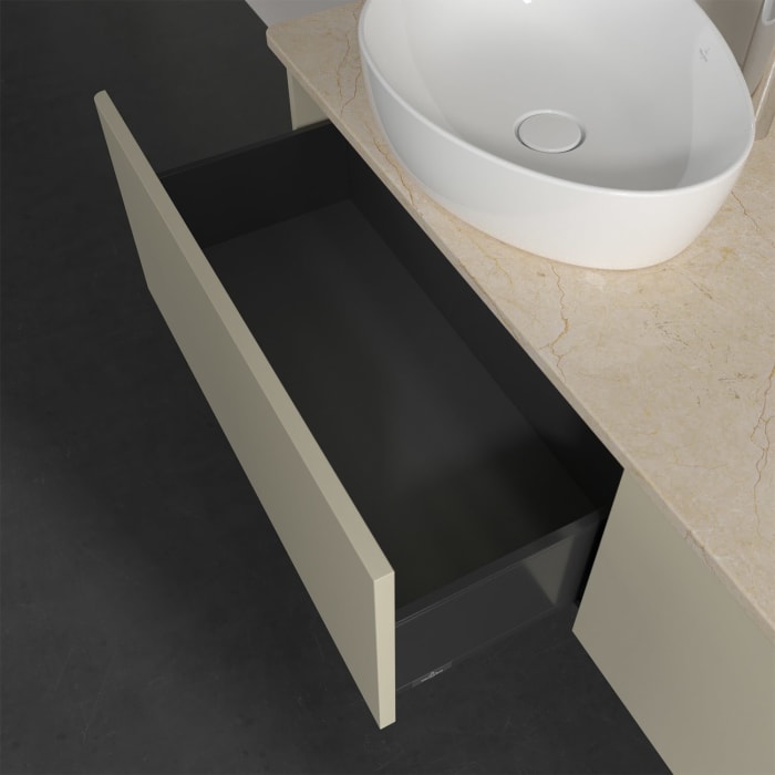 Villeroy & Boch Antao Waschbeckenunterschrank, 160 x 36 cm, 2 Auszüge mit LED-Licht, Front ohne Struktur, mit Hahnloch, für Waschtisch links