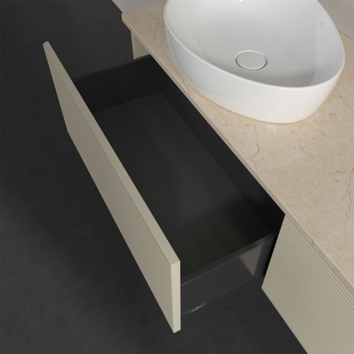 Villeroy & Boch Antao Waschbeckenunterschrank, 160 x 36 cm, 2 Auszüge mit LED-Licht, Front mit Struktur, ohne Hahnloch, für Waschtisch links