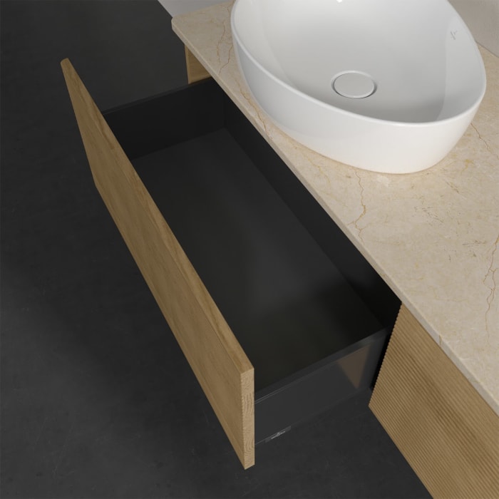 Villeroy & Boch Antao Waschbeckenunterschrank, 160 x 36 cm, 2 Auszüge mit LED-Licht, Front mit Struktur, ohne Hahnloch, für Waschtisch links