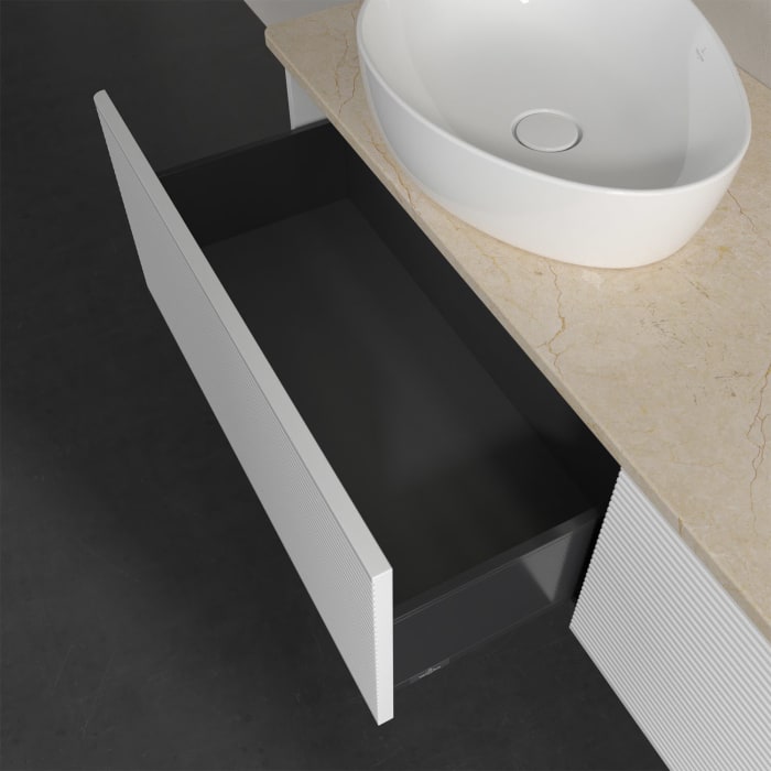 Villeroy & Boch Antao Waschbeckenunterschrank, 160 x 36 cm, 2 Auszüge mit LED-Licht, Front mit Struktur, ohne Hahnloch, für Waschtisch links